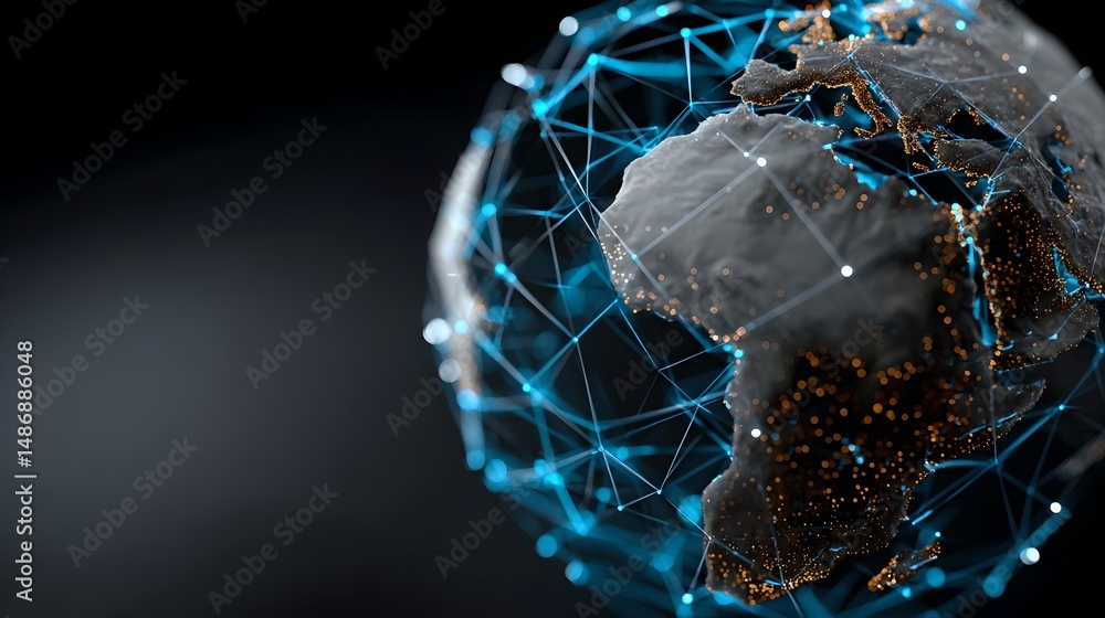 Poster globe featuring a network of dots illustrating global connectivity and data exchange systems