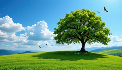 Fototapeta premium Breathtaking nature scene with lush tree and blue sky serene landscape peaceful environment vibrant view