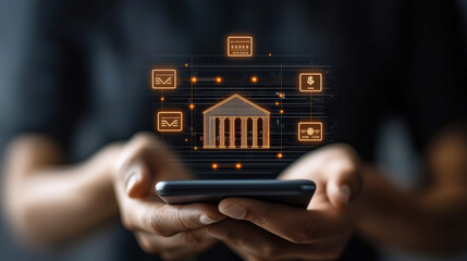 Person holds smartphone displaying digital banking interface with icons representing financial transactions, secure payments, and online banking services