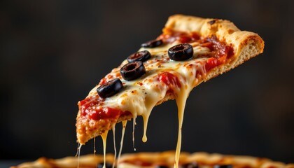 Delicious pizza slice with melting cheese kitchen food photography indoor close-up culinary delight