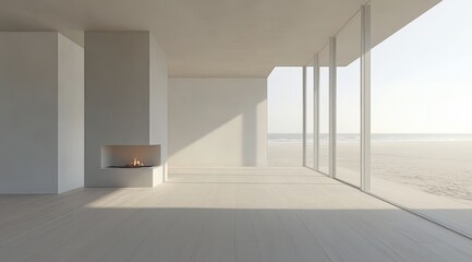 Obraz premium Minimalist beachfront living room with fireplace and ocean view