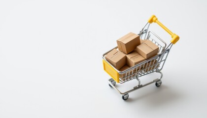 Shopping cart filled with packages retail store product display minimalist environment top view e-commerce concept
