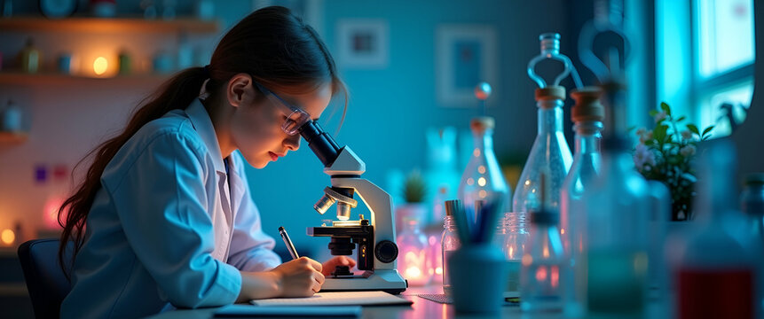 Photo realistic Science Student with Microscope and Lab Notebook in Fantasy Lab - Wide shot of student using microscope, whimsical decor, glowing elements, ample copy space, imaginative back to school
