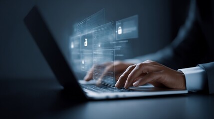 Typing on laptop with cybersecurity icons, data protection and privacy