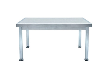 Industrial silver steel table with caster wheels for kitchens or workshops isolated on a transparent background