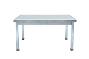 Industrial silver steel table with caster wheels for kitchens or workshops isolated on a transparent background