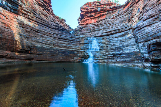 Waterfall and pool at bottom of rocky gorge