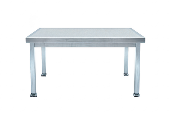 Industrial silver steel table with caster wheels for kitchens or workshops isolated on a transparent background