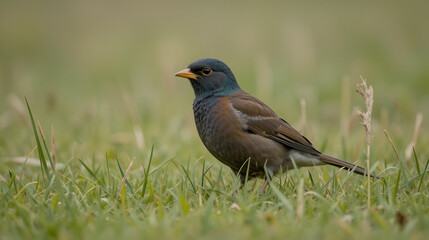 Obraz premium Redwing (Turdus iliacus) in grass, Emsland, Lower Saxony, Germany, Europe