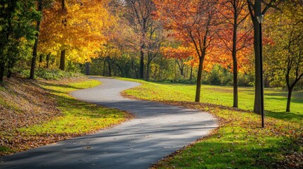 Fototapeta premium Autumnal park pathway winding through colorful trees.