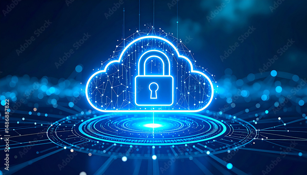 Poster secure cloud technology: a stunning visual of a digital cloud secured by a padlock, set against a ba