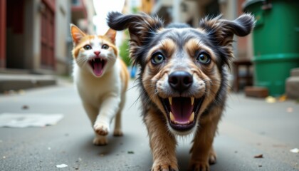 Playful dog and cat running together in urban alley candid shot cheerful atmosphere close-up view
