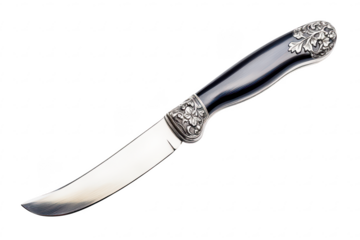 Ornate silver butter knife with sleek curved blade and decorative handle isolated on a transparent background
