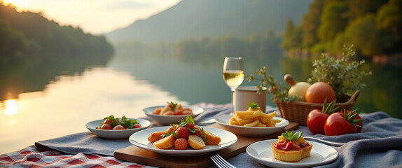 Elegant Lake and River Picnics: Curated Gourmet Dining Experiences with Scenic Water Views for Discerning Guests | Photo Stock Concept