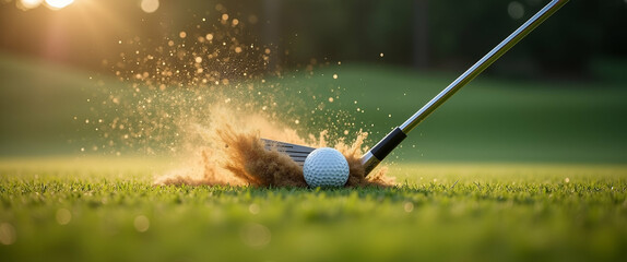 Dynamic Golf Action: Capturing the Moment a Club Strikes the Ball with Grass and Dirt Flying - Athletic Precision in Stock Photography with Space for Text