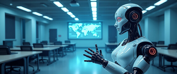 Futuristic Robotics in Education: Minimalist Wallpaper Design Showcasing Innovative Digital Learning Environments with Expansive Empty Space for Modern Classrooms