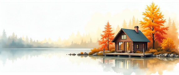 Watercolor Painting of a Cozy Lakeside Cabin Surrounded by Vibrant Fall Foliage on White Background - Autumn Serenity Concept with Empty Space