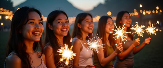 Portrait of happy Asian group of friends having fun with sparklers outdoors celebrating New Year with fireworks illustrating social joy and festive lifestyle. concept as Happy Asian friends enjoying s