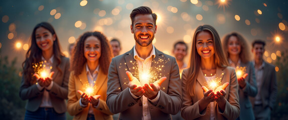 Photo Realistic: Group of Happy Employees Holding Sparkling Evaluations Against a Fantastical Background - Perfect for Celebrating Success and Recognition in the Workplace