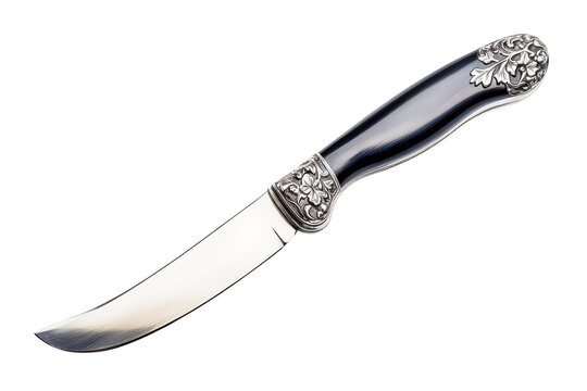Ornate silver butter knife with sleek curved blade and decorative handle isolated on a transparent background