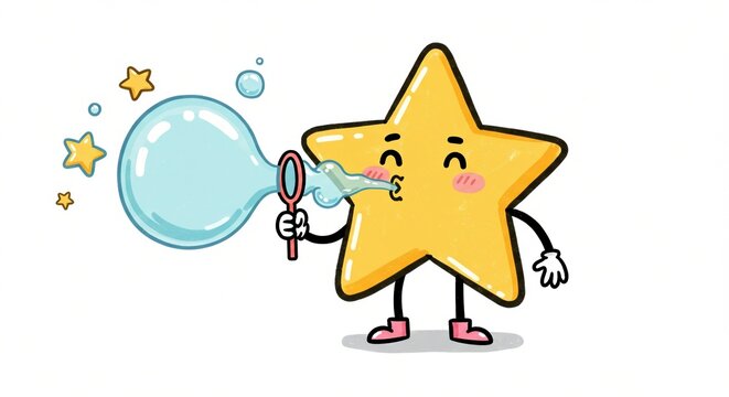 Cheerful cartoon star character blowing bubbles with a bubble wand, surrounded by small stars - cartoon star drawing