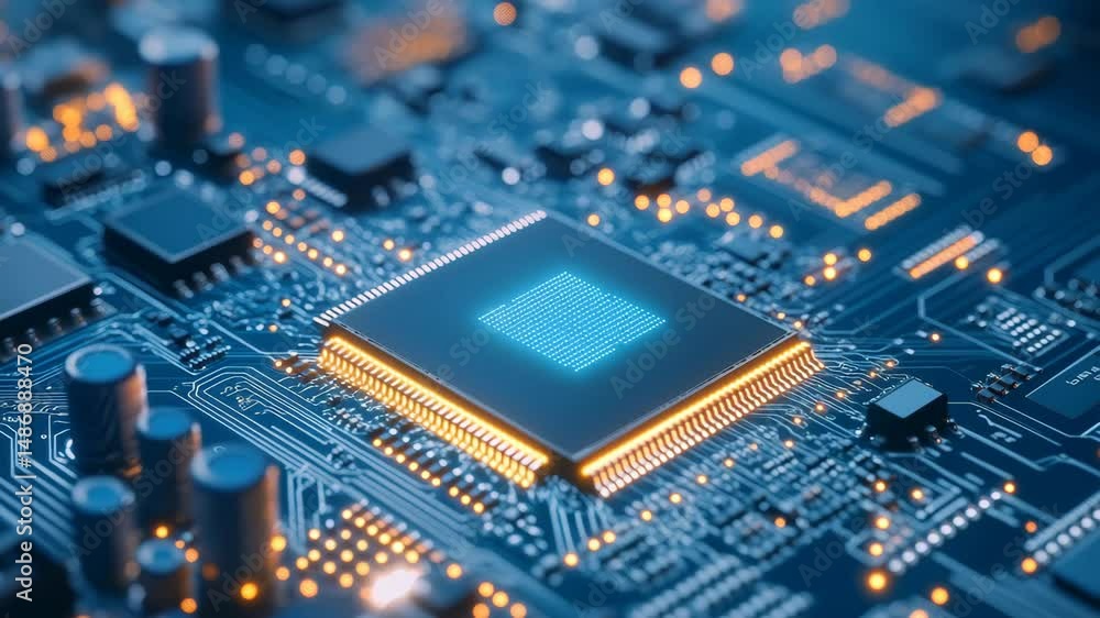Poster close up of a green electronic computer circuit board with chips and components