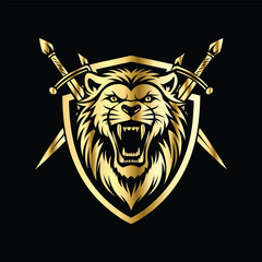 Luxury lion head logo template. Lion head with crossed swords and crown, heraldic vector illustration. Retro style heraldry logo. © printeye