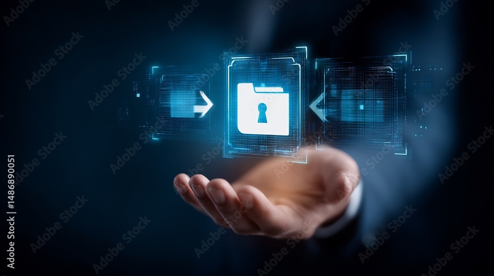Aufkleber digital security orchestration displayed as a hologram hovering over a hand