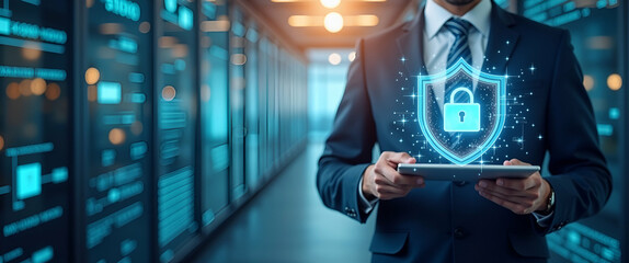 Photo Realistic Data Protection Officer with Data Shield and Certificate Concept - Dreamy Background for Data Protection and ISO27001 Certification in Photo Stock