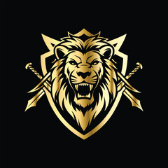 
Lion head coat of arms with golden shield, crossed arrows and crown. Heraldic vector design element. Retro style label, heraldry logo. Luxury lion head logo template.