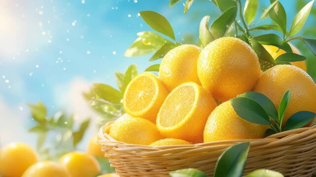 A basket full of lemons, possibly Meyer lemons, under a sunny sky.