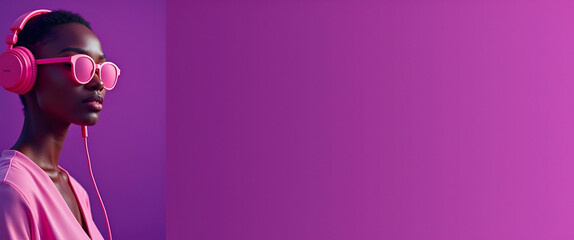 Fashionable Young African Woman in Pink Sunglasses and Headphones Against Purple Background - Stylish Party Studio Banner with Copy Space
