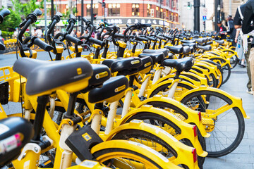 Yellow bicycles parked on a busy street in Shanghai during daytime activities.