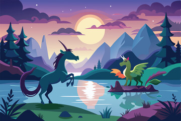 Mystical Playtime in the Shadows: A Unicorn and a Dragon Silhouetted Under Moonlight