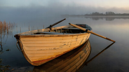 Fototapeta premium Weathered wooden rowing boat resting on misty lake at dawn with perfect reflection capturing tranquil fishing and nature escape