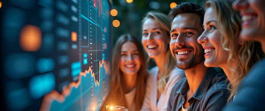 Photo realistic as People with Glowing Financial Charts and Happy Smiles concept as A group of people with glowing financial charts and happy smiles set against a whimsical background offering ample s