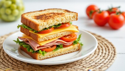 Delicious layered sandwich creation kitchen food photography bright environment close-up viewpoint culinary delight