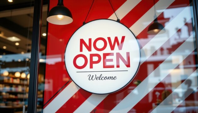 Exciting new business opening downtown area urban signage announcement modern environment front view welcoming community vibe