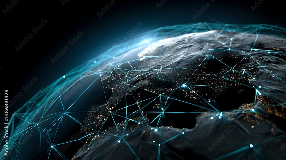 Poster globe surrounded by a network of lights symbolizing advanced technology and connectivity