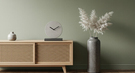  Serene Sage Green: Modern Interior with Vase, Clock, and Rattan Cabinet - Minimalist Home Decor Inspiration