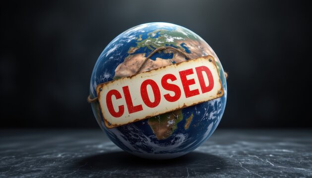 Global closure earth with closed sign business impact digital graphic studio environment conceptual viewpoint