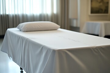 Obraz premium Elegant Bed with Blue Gradient Blanket and Pillows in Minimalist White Bedroom