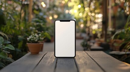 Blank smartphone screen on wooden table in green garden setting