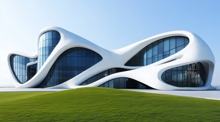 Sculptural white building with flowing, organic form and expansive glass windows, set against a grassy landscape