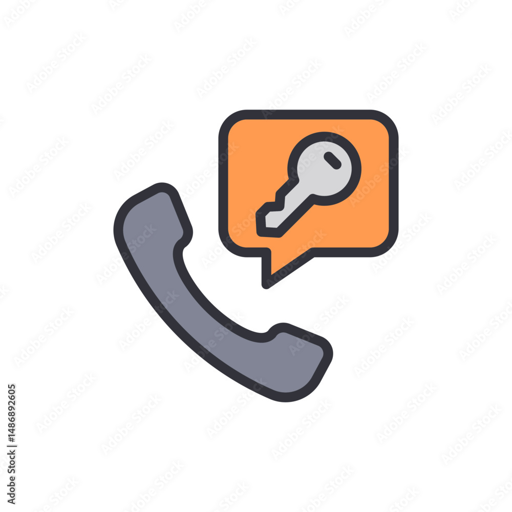 Poster phone icon with key in speech bubble for security service idea