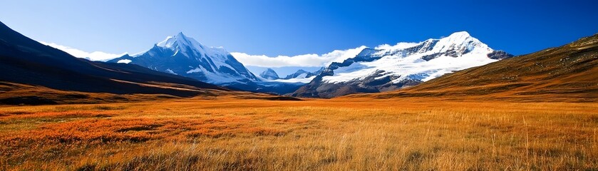 Fototapeta premium Snowy mountain range over a golden meadow.