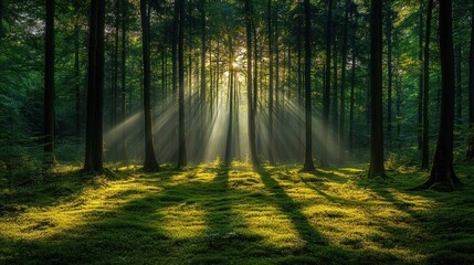 Obraz premium Sunbeams Illuminating a Mystical Forest: A Serene Nature Scene