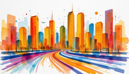 Obraz premium Vibrant cityscape urban metropolis digital art nighttime aerial view urban energy and motion