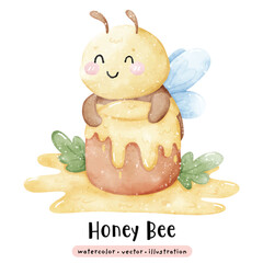 Cute Kawaii Bee and honey in watercolor vector illustration