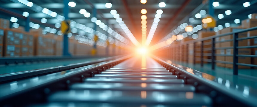 Photo realistic conveyor belt and logistics interface symbolizing warehouse workflow optimization in double exposure with copy space for process efficiency.